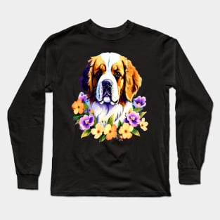 Saint Bernard Dog Surrounded by Beautiful Spring Flowers Long Sleeve T-Shirt